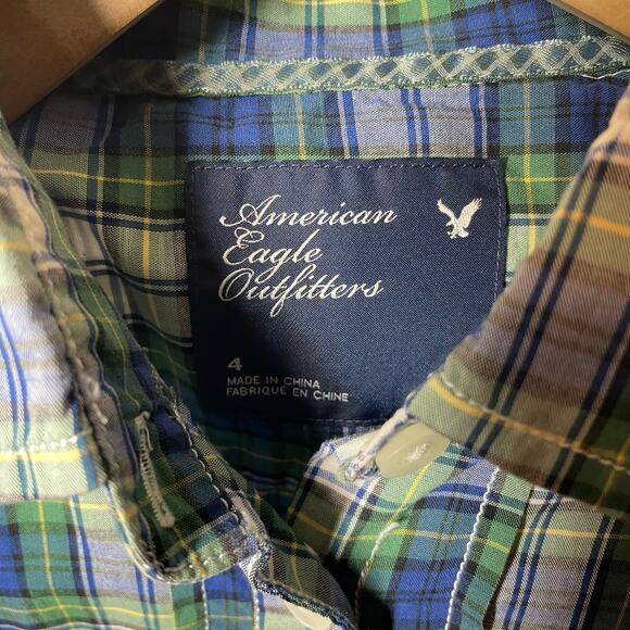 American Eagle Plaid Button Down Shirt Preppy Womens Size 4 Long Sleeve - Picture 4 of 5